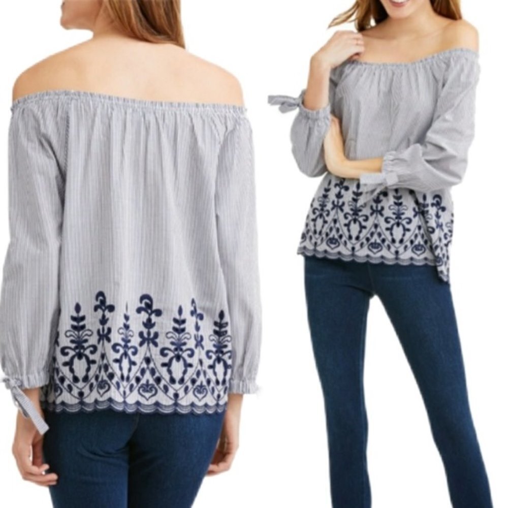 Time & Tru Chambray Embroidered Tie Sleeve Top L